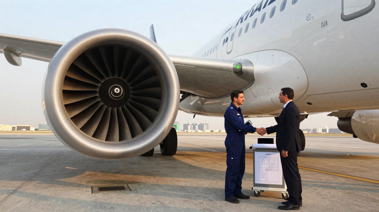 Dois homens apertando as mãos perto da turbina de um avião em aeroporto durante o dia.