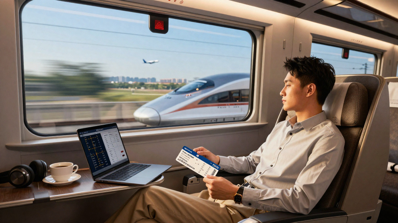 Homem sentado em trem com laptop, segurando bilhete, olhando pela janela onde um trem bala e avião estão em movimento.