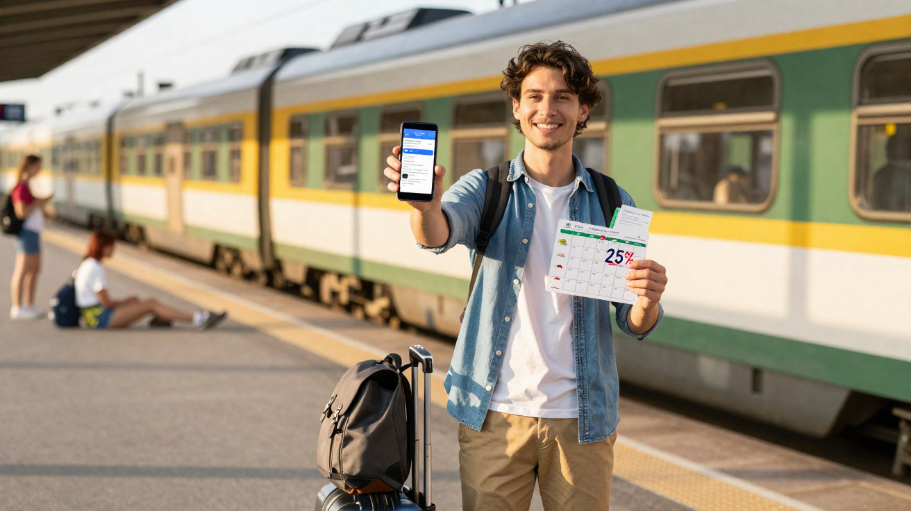 Jovem sorridente na estação de trem mostrando celular e calendário com desconto de 25% enquanto espera o trem.