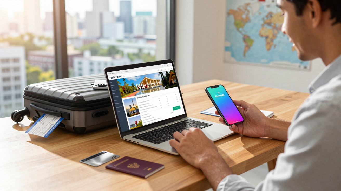 Pessoa planejando viagem com laptop, celular, passaporte e mala sobre mesa próximo à janela em ambiente claro.