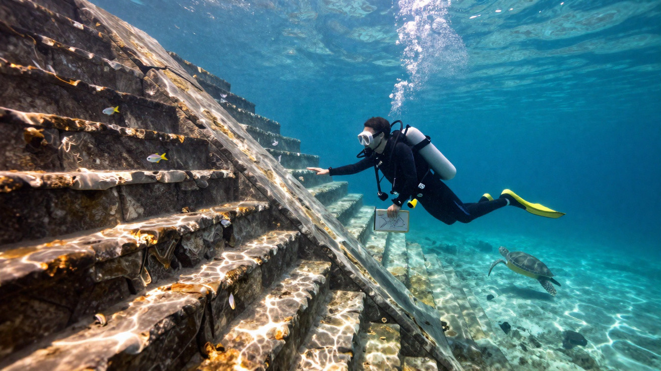 Mergulhador explorando escadaria submersa próxima a tartaruga marinha e peixes coloridos.