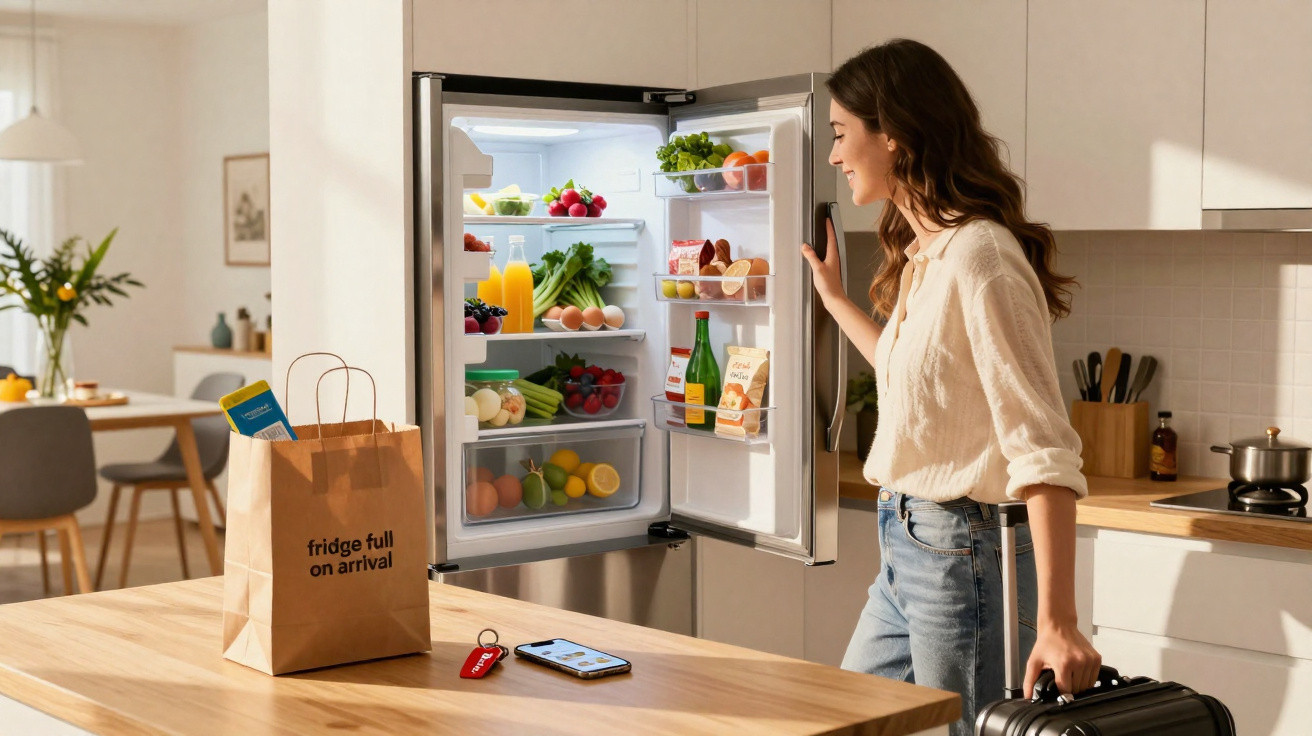 Mulher sorridente abre geladeira cheia de alimentos frescos em cozinha moderna e iluminada.