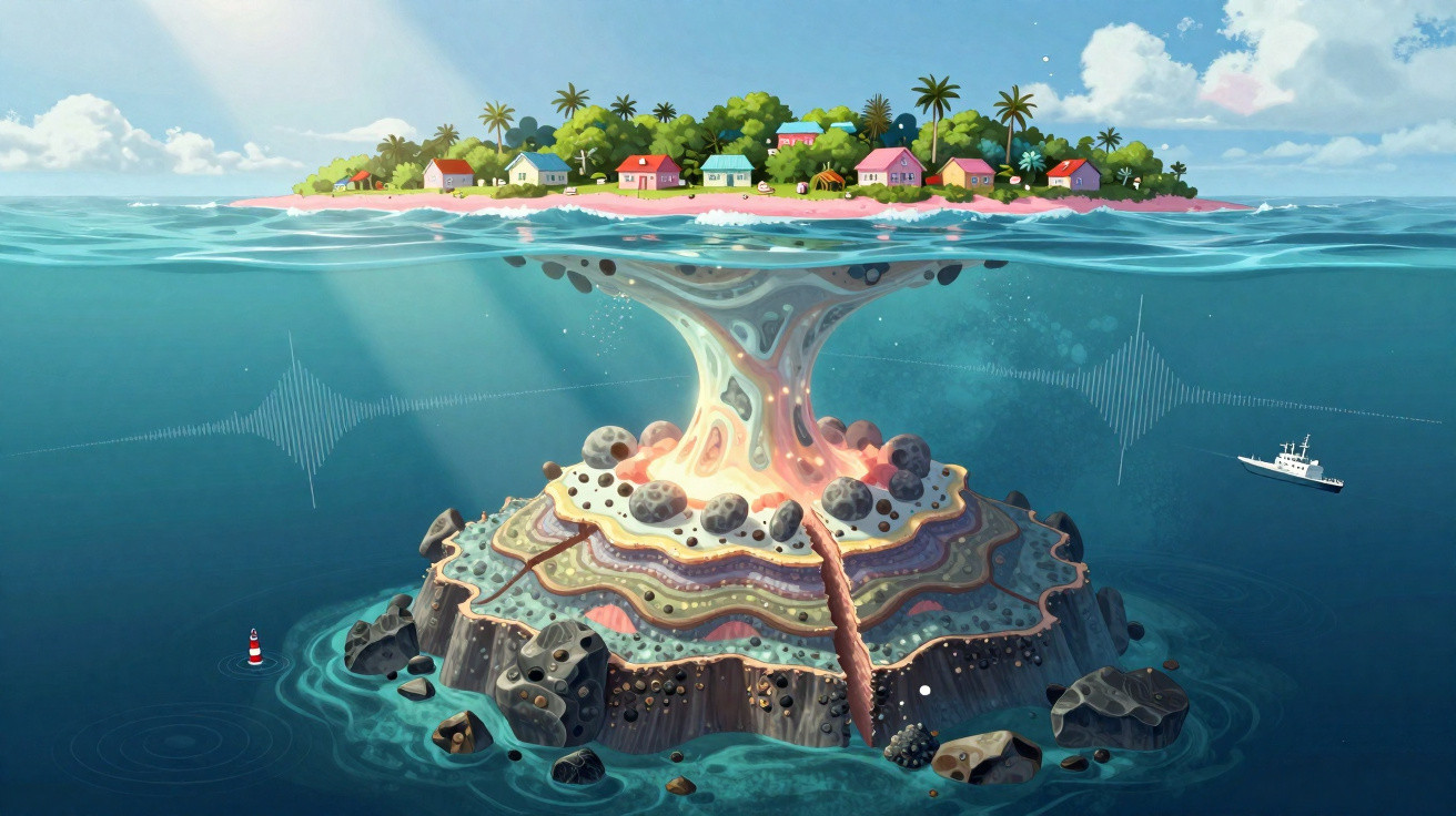 Ilustração de ilha tropical com casas coloridas e vulcão subaquático ativo abaixo da superfície do mar.
