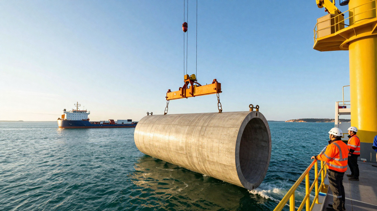Trabalhadores em plataforma marítima guiam instalação de grande tubo de concreto suspenso por guindaste sobre o mar.