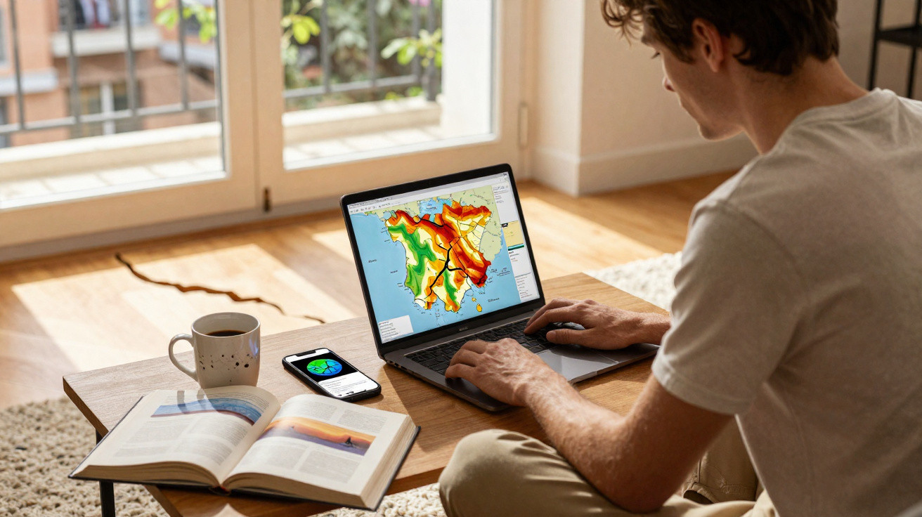 Jovem sentado no chão usando notebook com mapa climático, ao lado de livro aberto, celular e xícara de café.