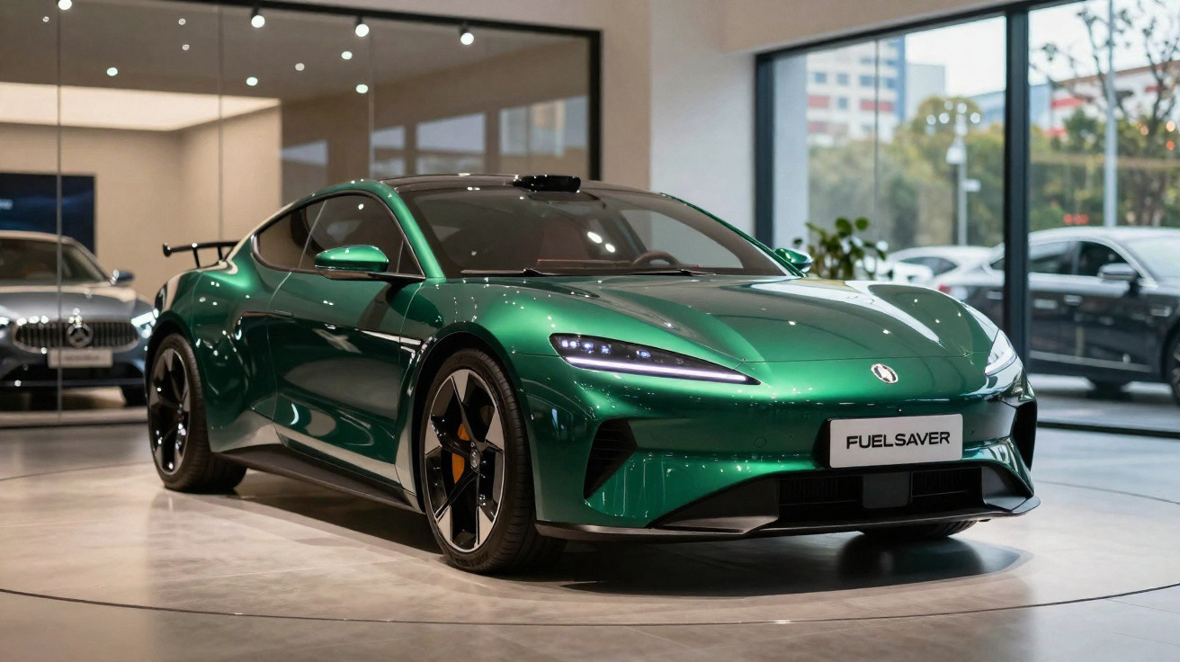 Carro esportivo verde metálico com design aerodinâmico exposto em showroom moderno.