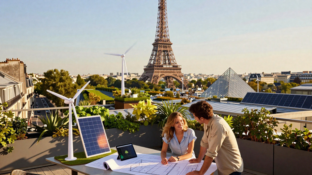 Casal analisa projetos em terraço com painéis solares, turbinas, plantas e Torre Eiffel ao fundo, Paris.