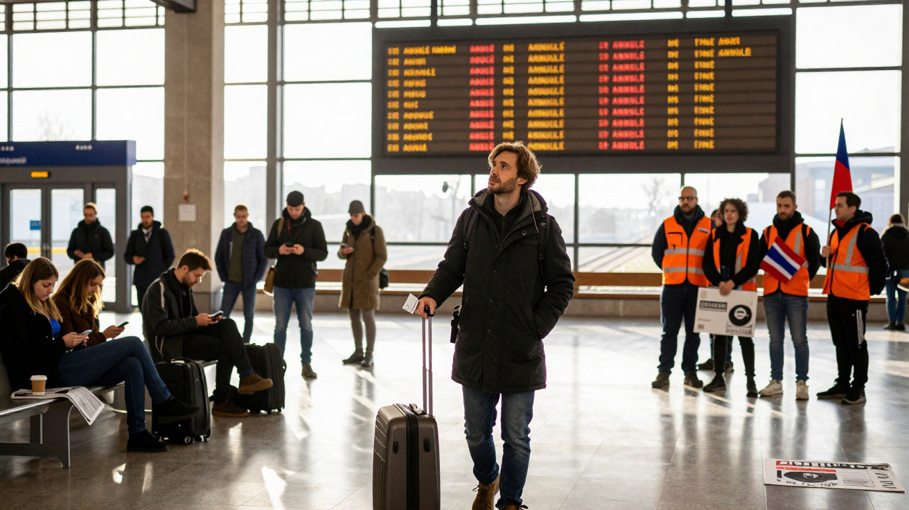 Homem com mala e bilhete na mão em estação de trem com painel digital e pessoas ao fundo.