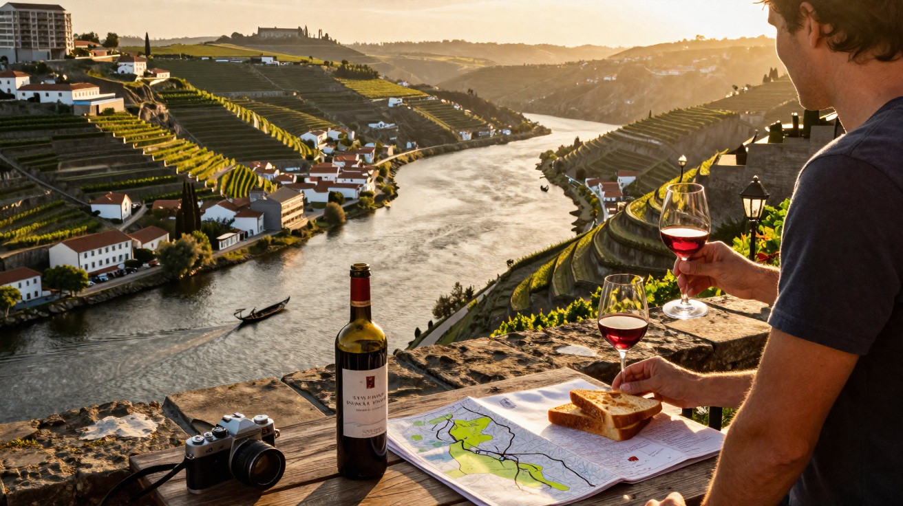 Homem aprecia vinho tinto e vista de vinhedos e rio ao pôr do sol em área rural com mapa e câmera.