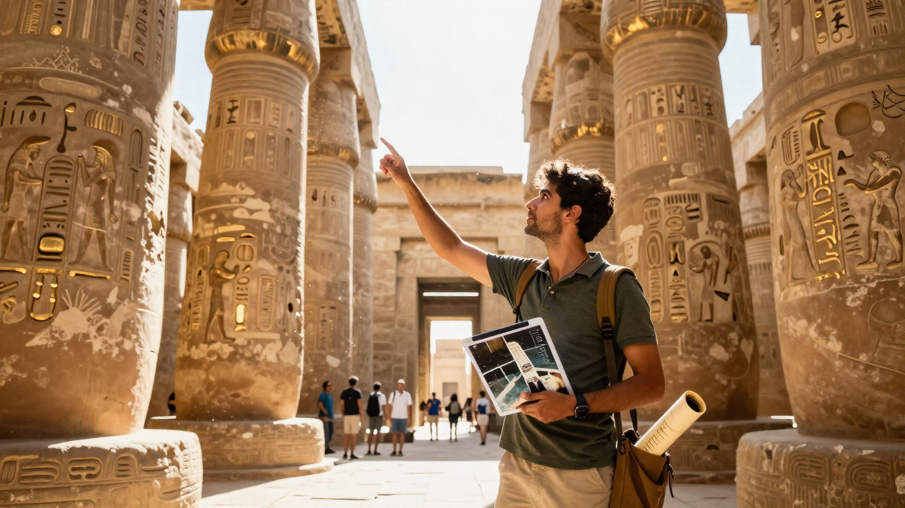 Homem turista aponta para colunas decoradas com hieróglifos no templo antigo do Egito.