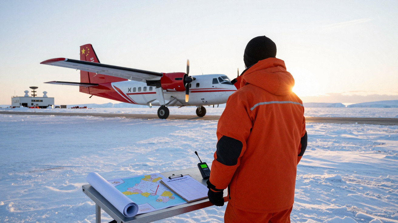 Pessoa em roupa térmica laranja observa avião em pista de neve com mesa e mapas à frente.