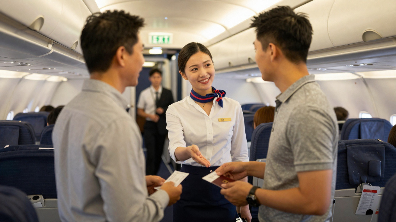 Comissária de bordo sorridente entregando cartões de embarque para dois passageiros dentro do avião.