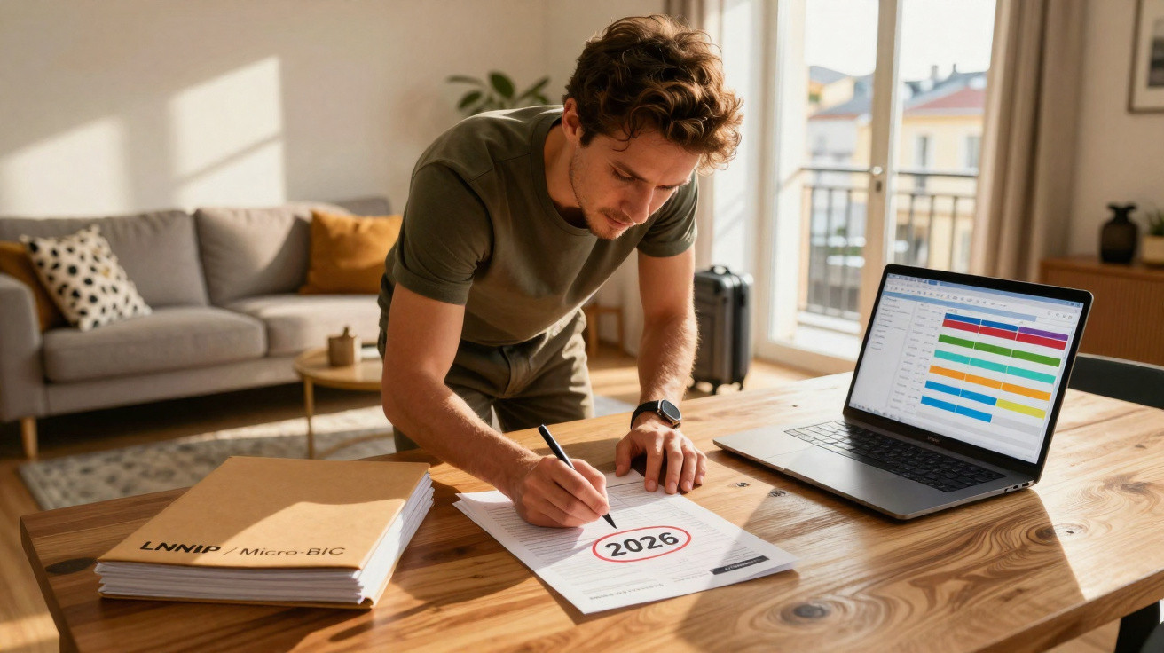 Homem escrevendo em documento com "2026" circulado, próximo a laptop e pilha de papéis em mesa de madeira.