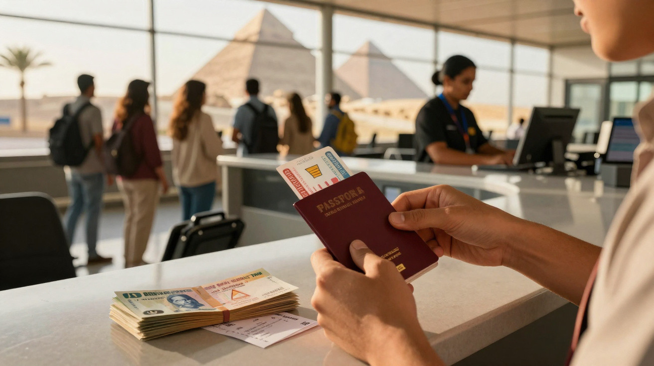 Pessoa segurando passaporte e cartão de embarque no balcão do aeroporto com fila ao fundo e pilha de dinheiro sobre a mesa.