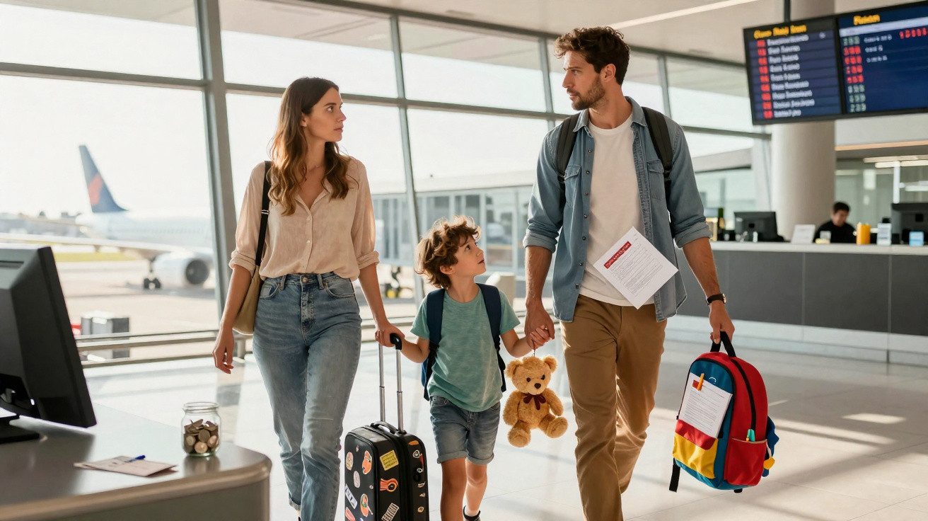 Família com criança e malas caminhando no aeroporto próximo a janela com avião estacionado.