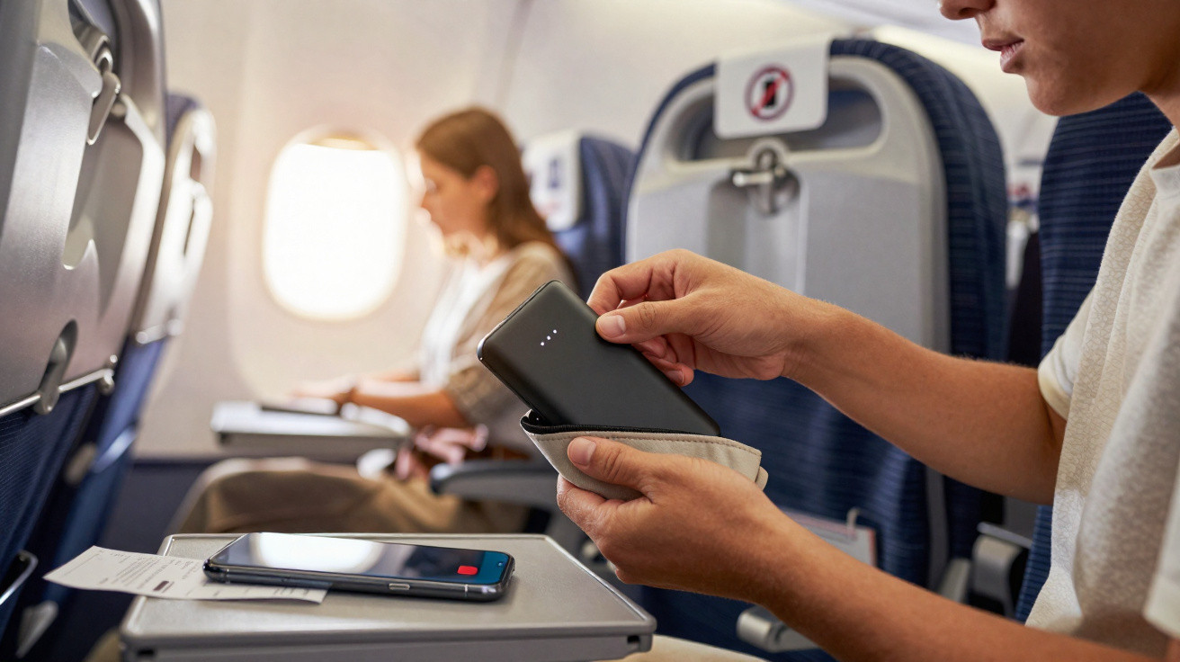Passageiro em avião guardando power bank em estojo, com celular e cartão de embarque na bandeja.