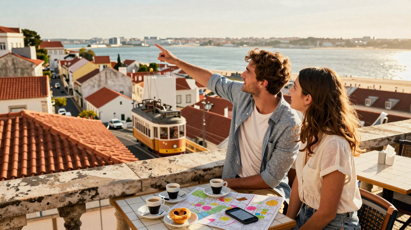 Casal observando vista urbana com bonde amarelo, café e mapa em mesa de varanda ao pôr do sol.