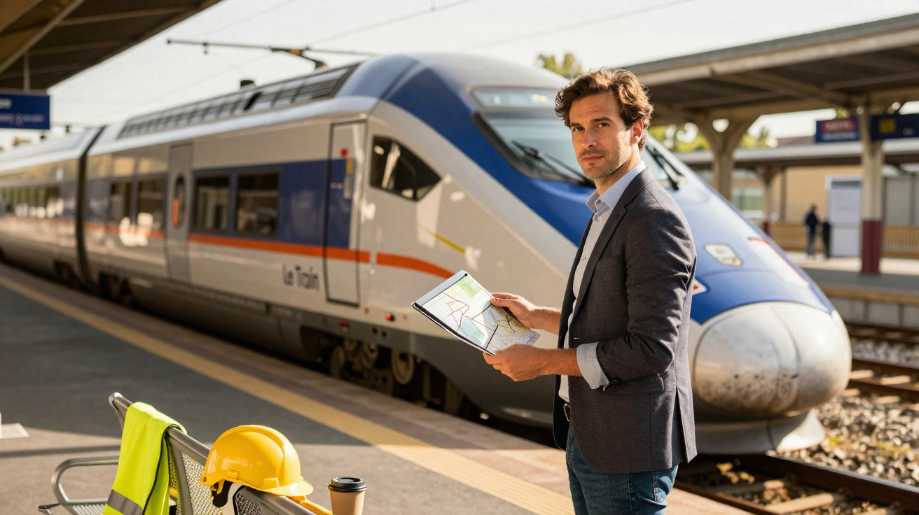 Homem com blazer seguro mapa na plataforma de estação ferroviária ao lado de trem moderno estacionado.