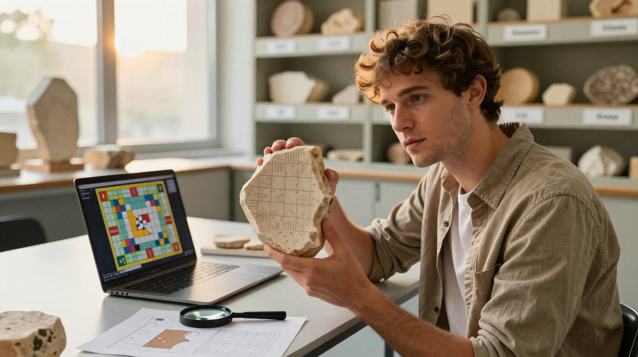 Jovem arqueólogo analisa fragmento de pedra com inscrições em laboratório com laptop e lupa na mesa.