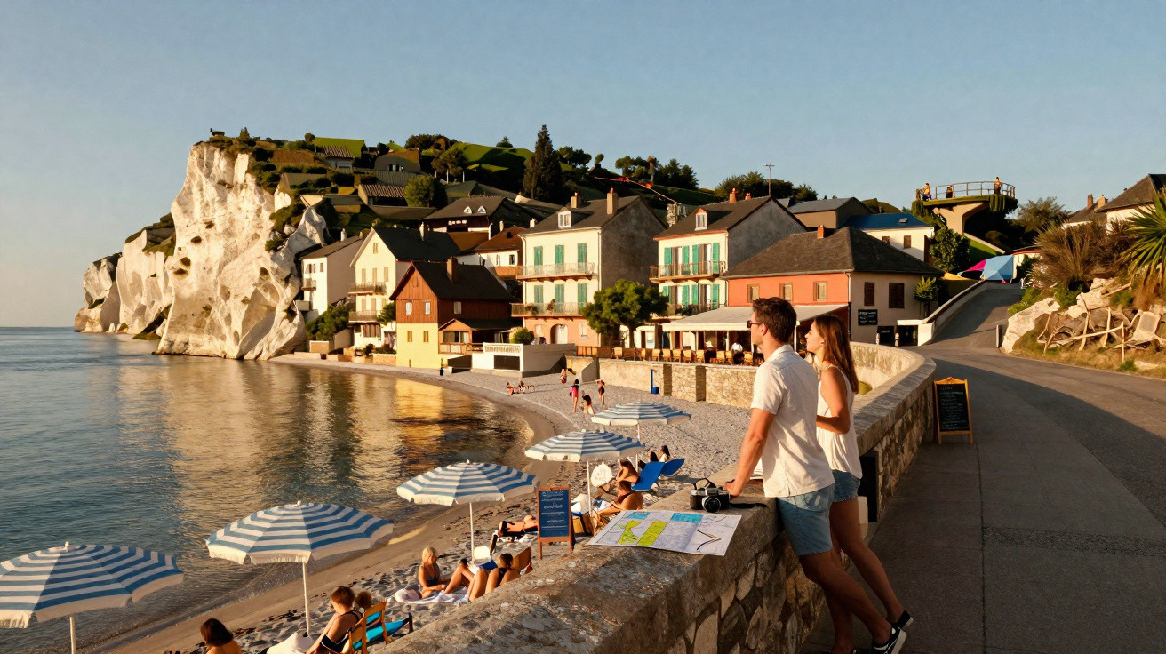 Casal observa praia com guarda-sóis azuis, mar calmo e casas coloridas ao lado de penhasco ao entardecer.