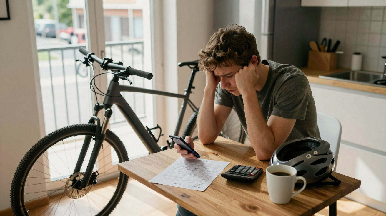 Jovem preocupado com documentos na mesa, olhando o celular, com bicicleta, capacete e café ao lado.