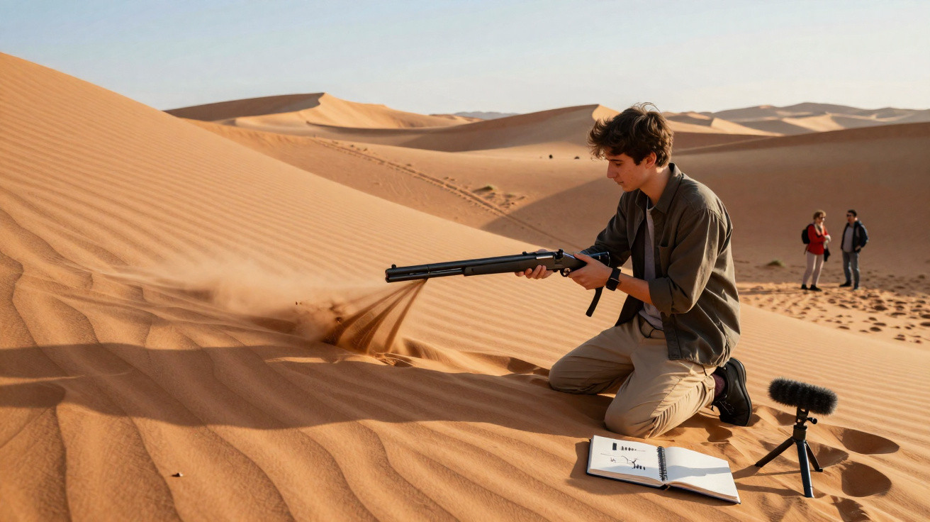 Jovem com roupa casual atira areia do deserto com uma espingarda enquanto outros observam ao fundo.