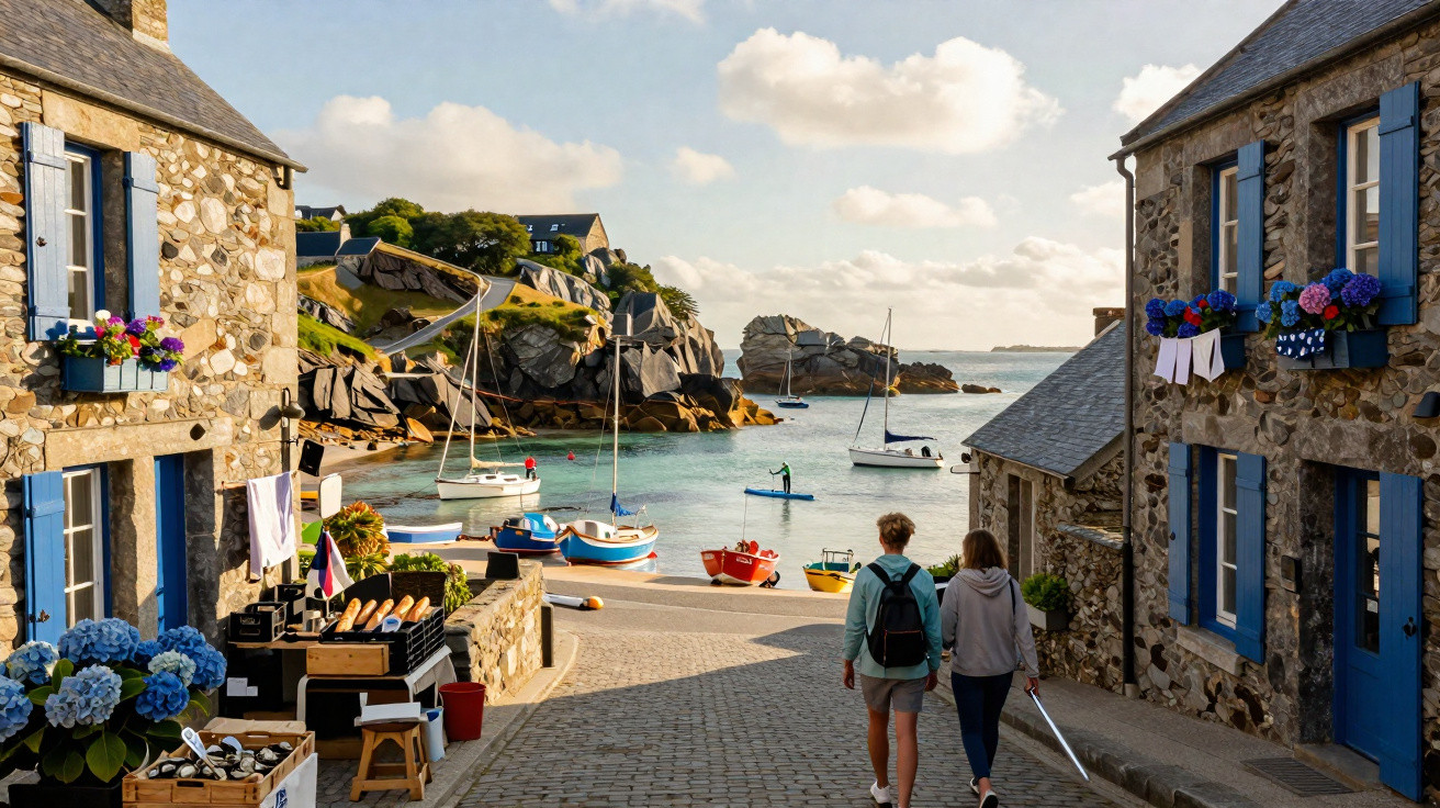 Casal caminhando em rua de pedras com barcos no mar e casas com flores e janelas azuis na praia ensolarada.