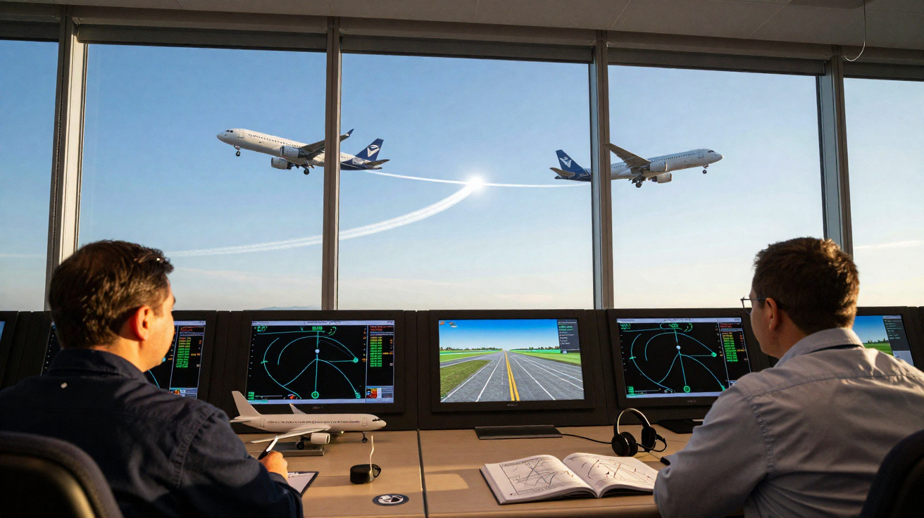 Controladores de tráfego aéreo observam aviões decolando, com telas de radar e simulador à frente.