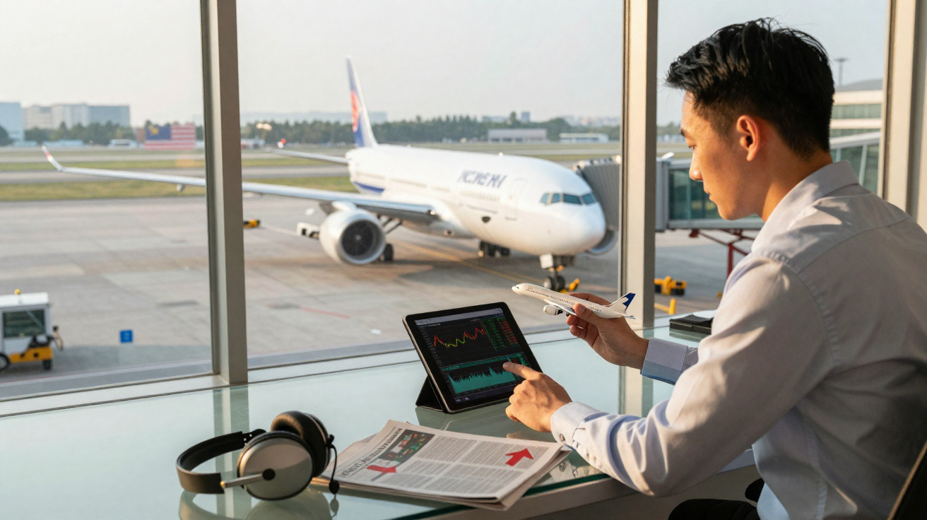 Homem em aeroporto analisa gráficos em tablet segurando modelo de avião com aeronave estacionada ao fundo.