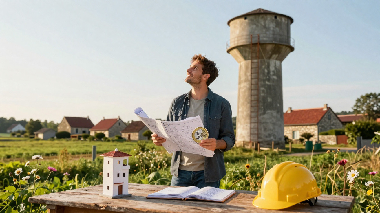 Homem com planta baixa na mão observa o céu em campo, com miniatura de casa, livro e capacete amarelo sobre mesa.