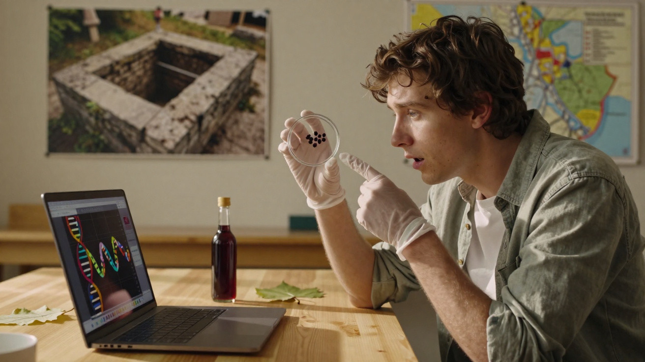 Jovem cientista usando luvas observa amostras em placa de Petri perto de laptop com análise genética na tela.