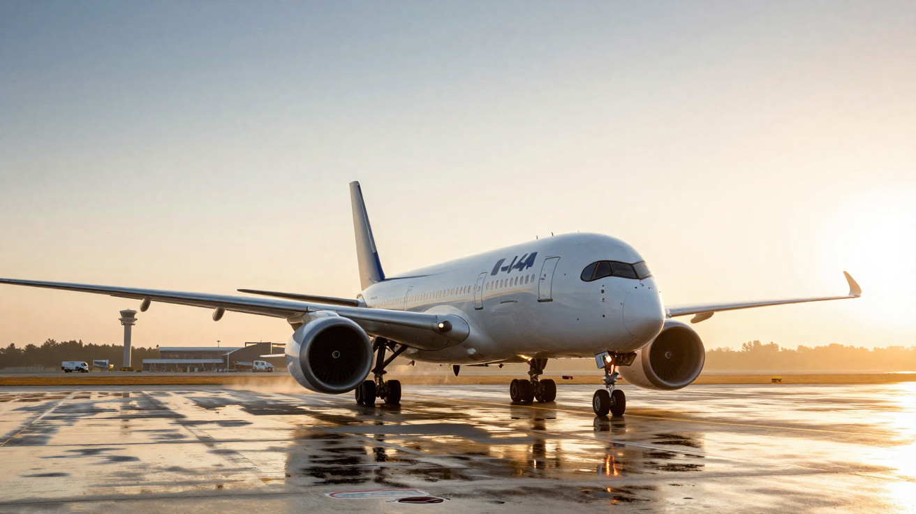 Avião Airbus A350 taxiando em pista molhada ao pôr do sol com torre de controle ao fundo.