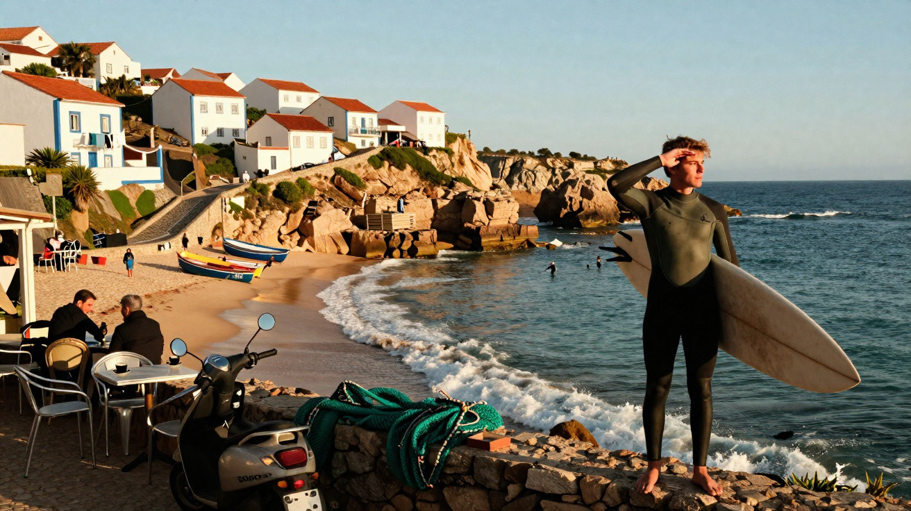 Surfista de roupa de neoprene observa o mar em praia com casas brancas e barcos coloridos ao pôr do sol.