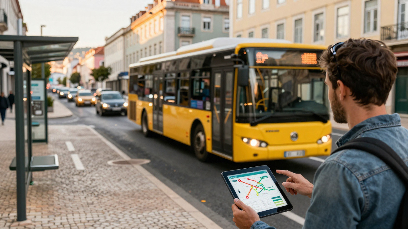 Homem usando tablet com mapa de transporte enquanto espera ônibus amarelo em ponto na cidade.