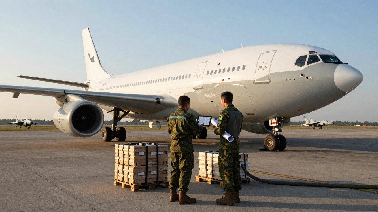 Dois militares conversando com pranchas em frente a avião branco no aeroporto ao entardecer.