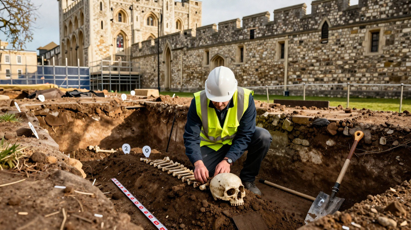 Arqueólogo em colete e capacete analisa ossos humanos em escavação arqueológica perto de construção histórica.