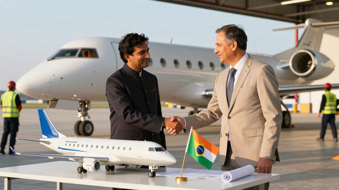 Dois homens apertando as mãos em acordo próximo a miniatura de avião e bandeira do Brasil no aeroporto.