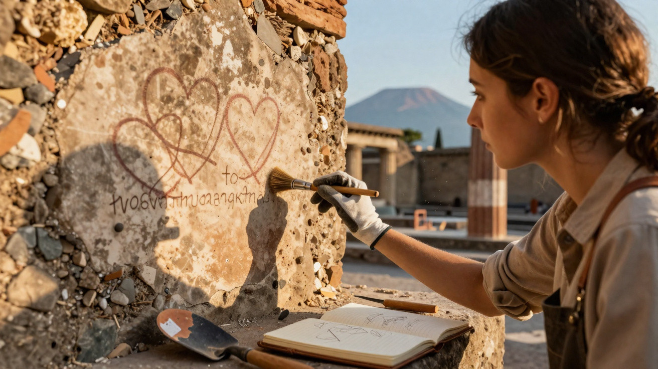 Mulher restauradora pinta pintura rupestre com corações em parede antiga em sítio arqueológico.