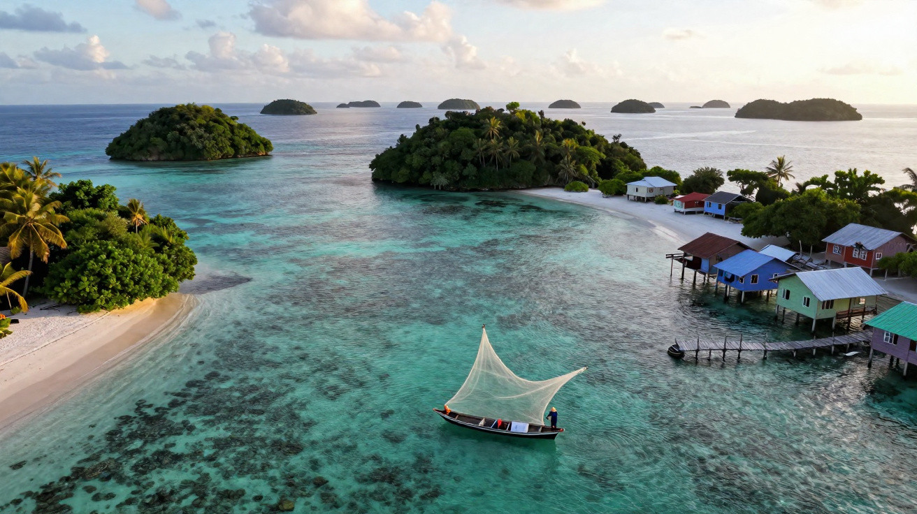 Barco com vela branca navegando em águas cristalinas próximas a ilhas tropicais e casas coloridas à beira-mar.
