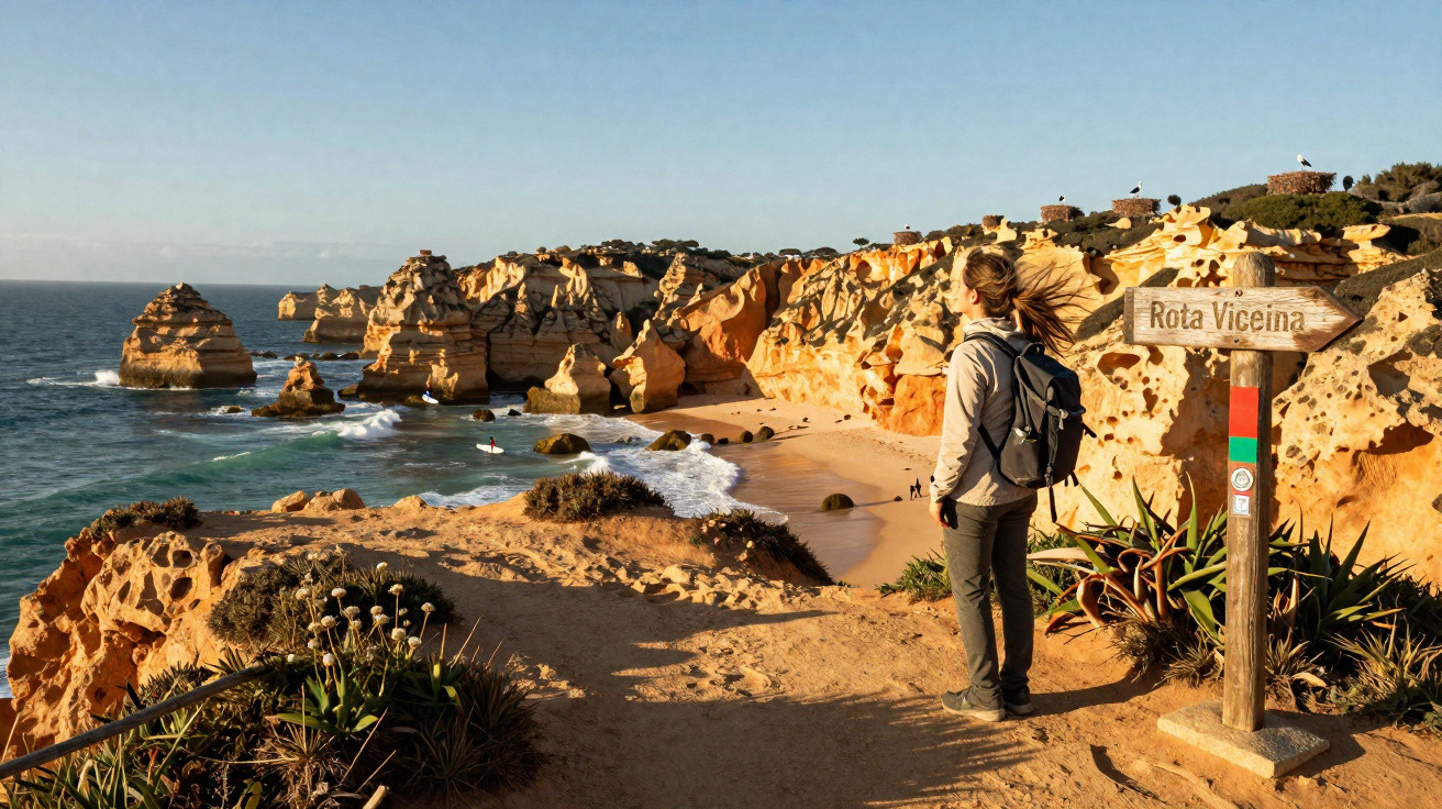 Mulher com mochila observa falésias douradas e mar na trilha da Rota Vicentina no pôr do sol.