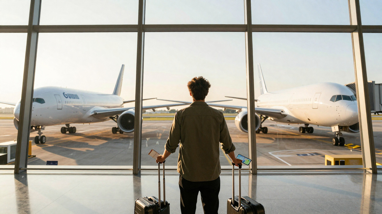 Homem de costas com duas malas observa dois aviões brancos estacionados no portão do aeroporto.