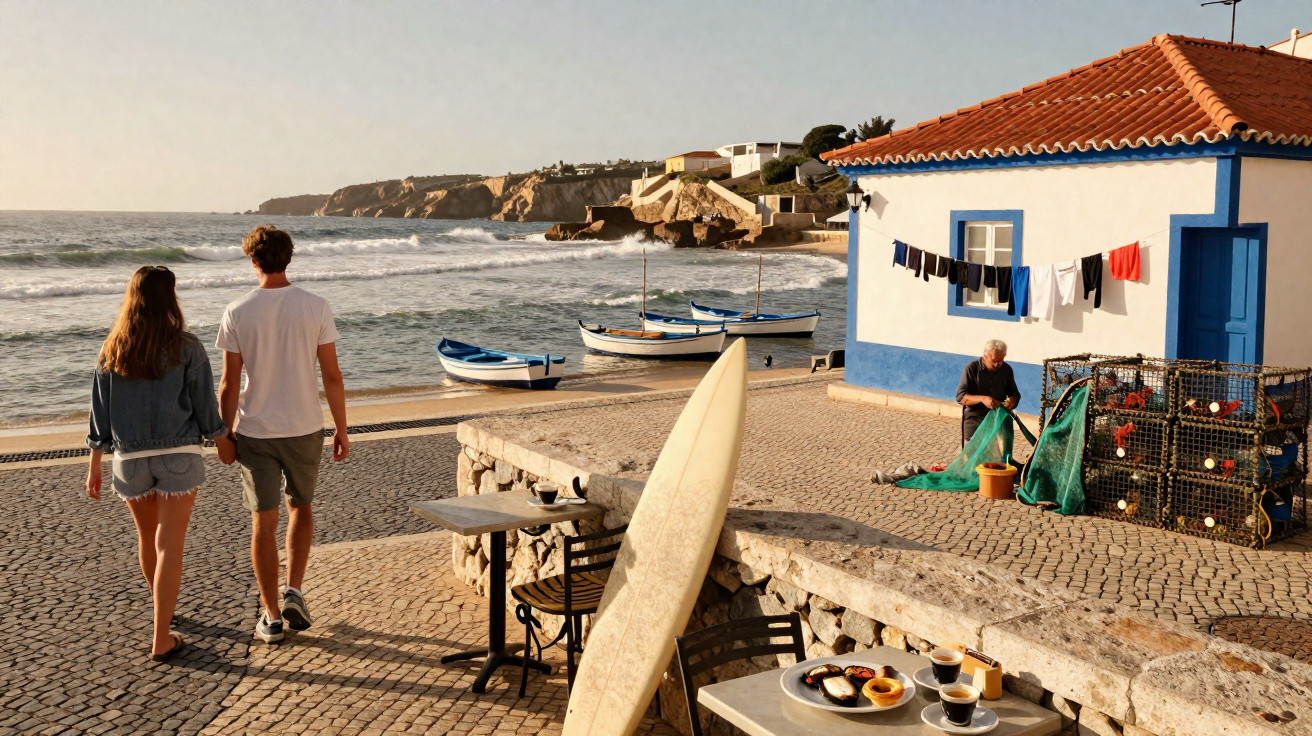 Casal andando à beira-mar perto de casa branca com detalhes azuis, barcos e mesa com café da manhã.