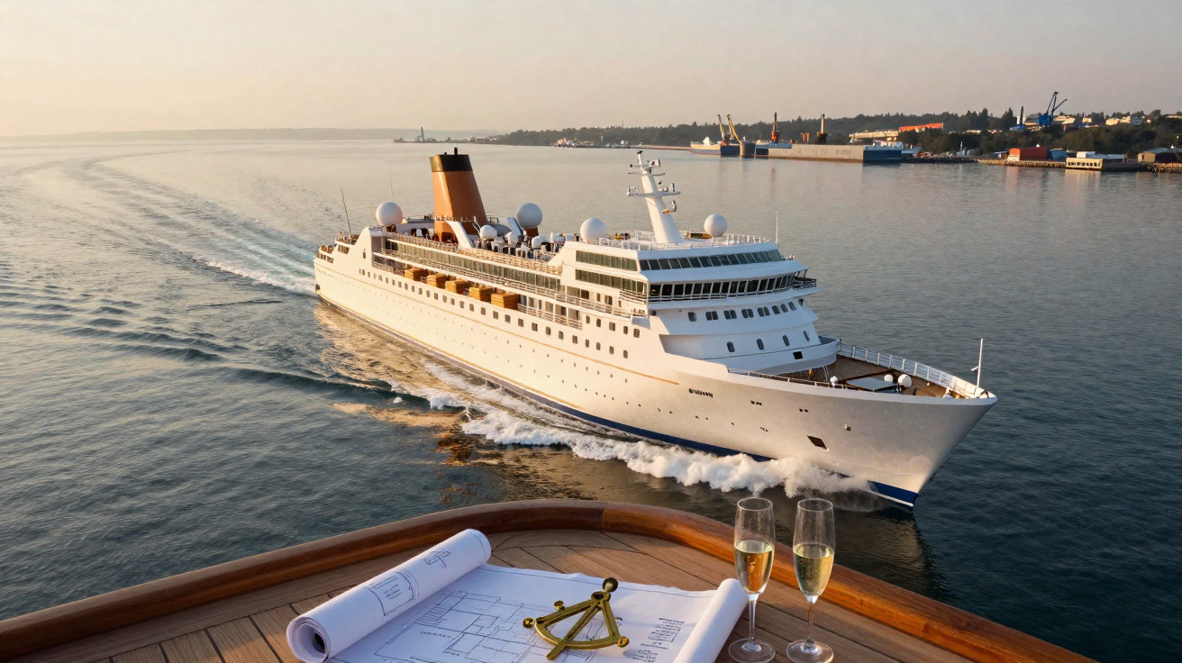 Navio de cruzeiro branco navegando próximo à costa ao entardecer, com planta e taças na proa.