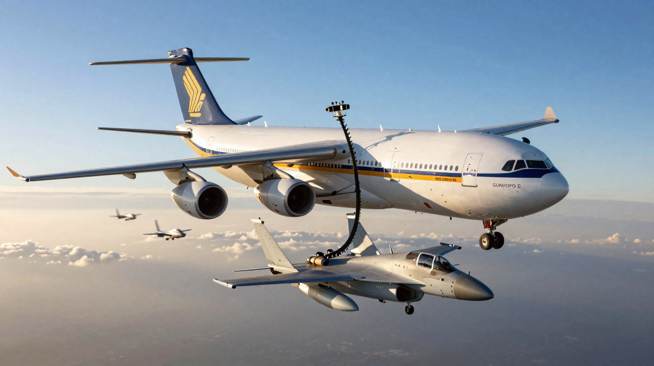 Avião tanque reabastecendo em voo jato militar abaixo, céu azul e nuvens ao fundo.
