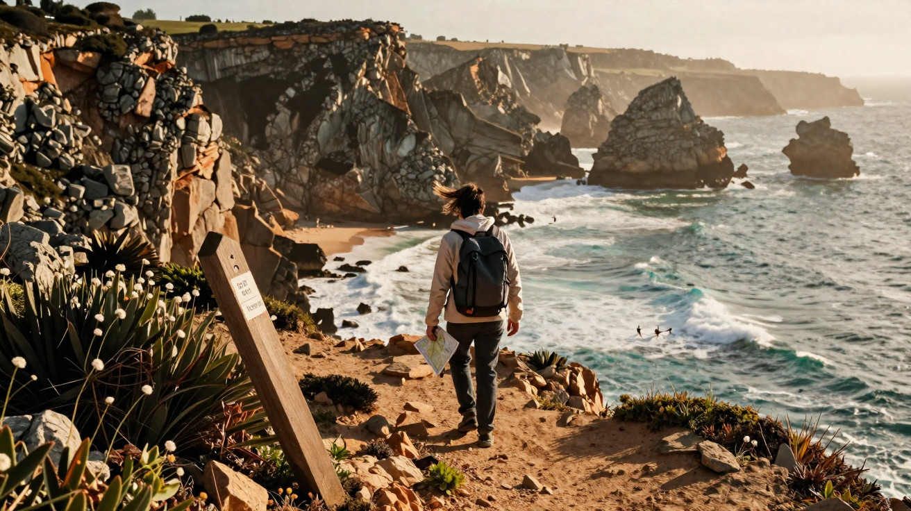 Pessoa com mochila caminhando por trilha em penhasco rochoso com vista para o mar e ondas ao pôr do sol.