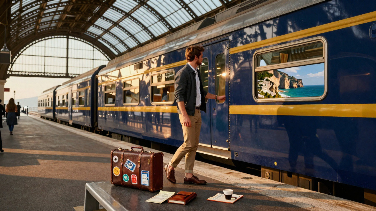 Homem com mala na plataforma entrando em trem azul em estação com teto de vidro ao entardecer.