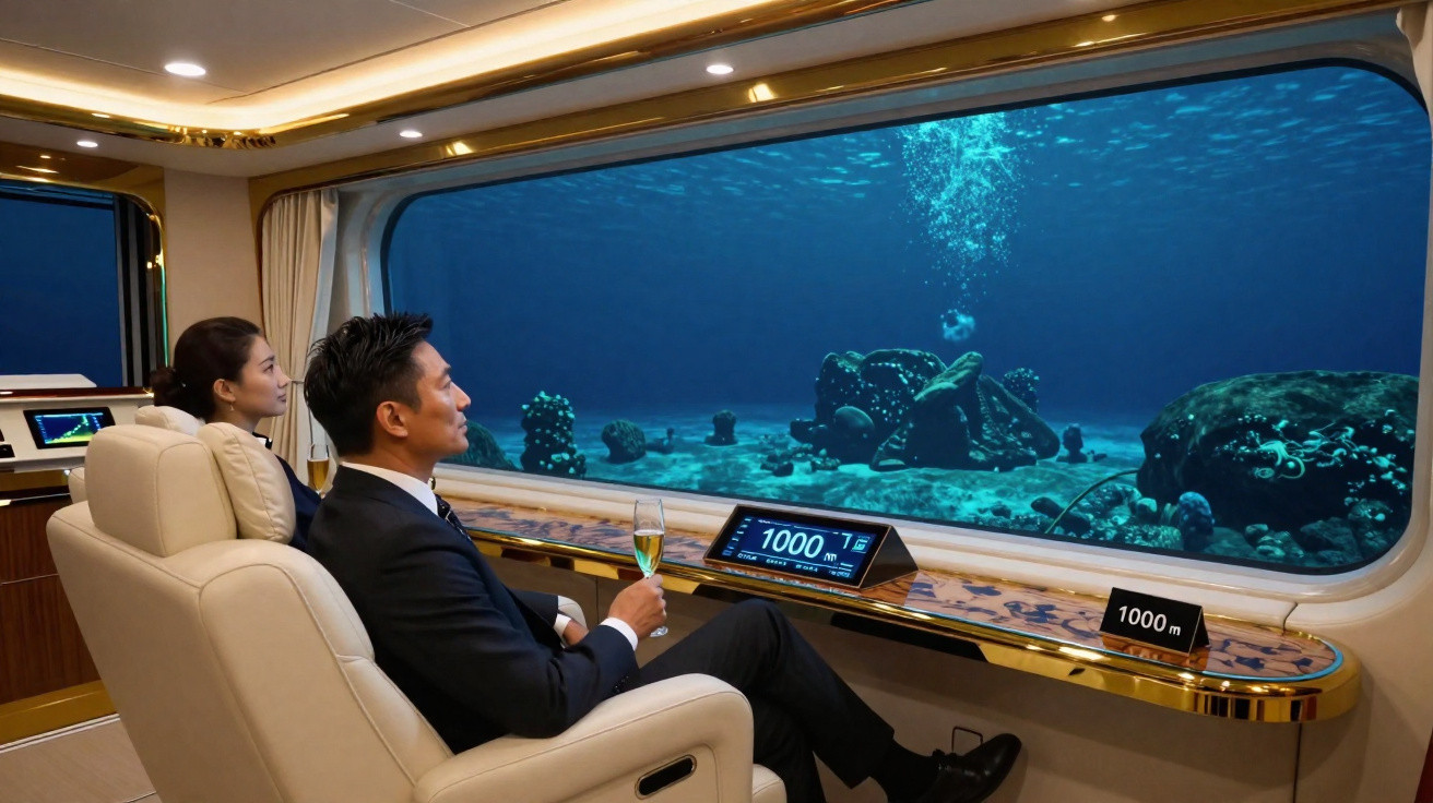 Casal sentado em poltronas dentro de submarino com vista para o fundo do mar a 1000 metros de profundidade.