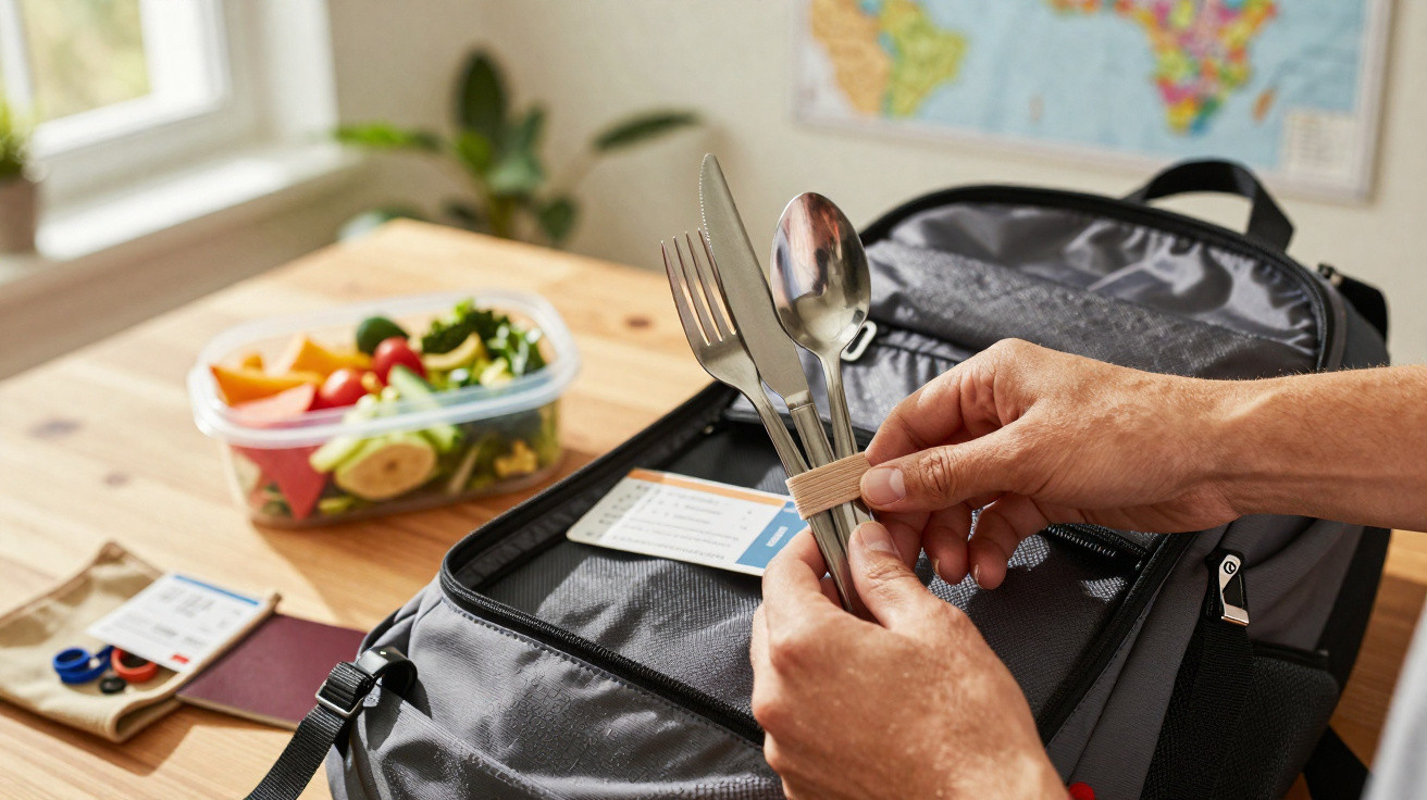 Pessoa guardando talheres reutilizáveis na mochila aberta em mesa com lanche saudável ao fundo.
