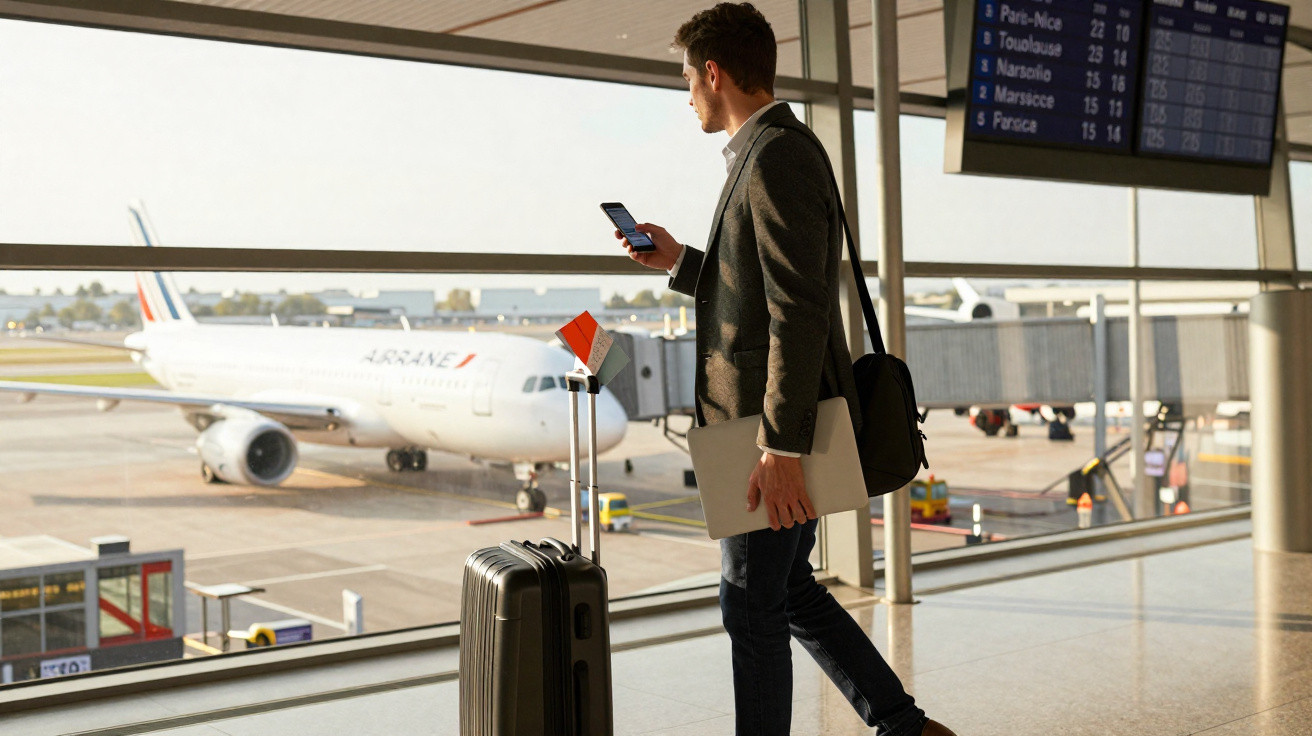 Homem em aeroporto olhando para celular com mala, notebook e avião estacionado no fundo.