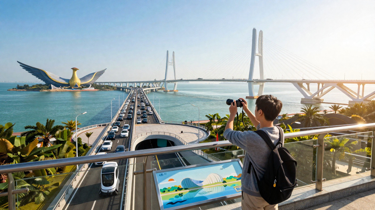 Pessoa fotografando a Ponte Brito Cairu e a escultura de gavião com roupas casuais e mochila preta.